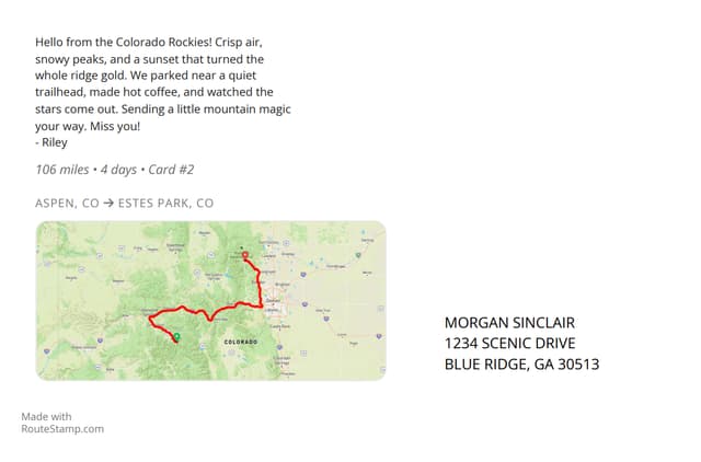 Example postcard back with message, route map, and travel stats