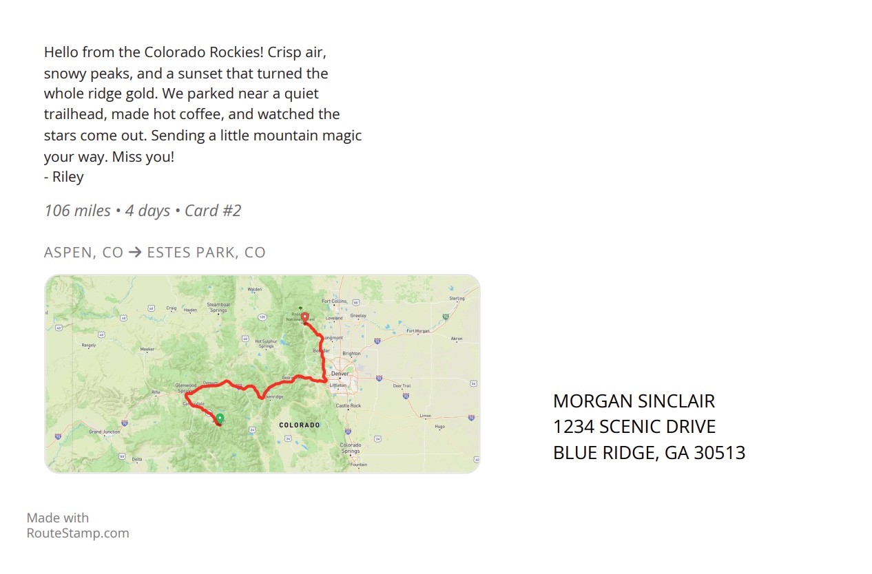 Example postcard back with message, route map, and travel stats
