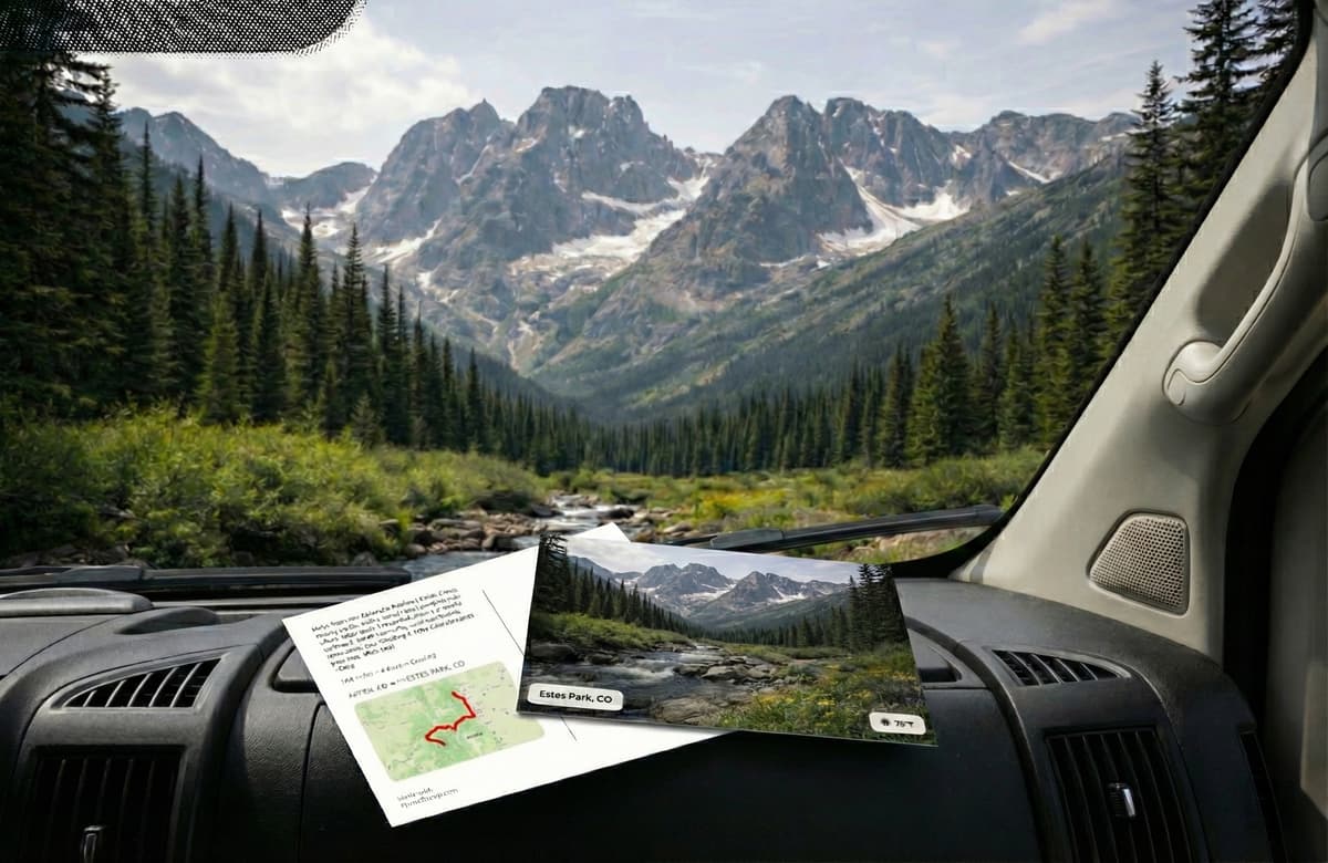 RouteStamp postcard on a van dashboard overlooking mountains
